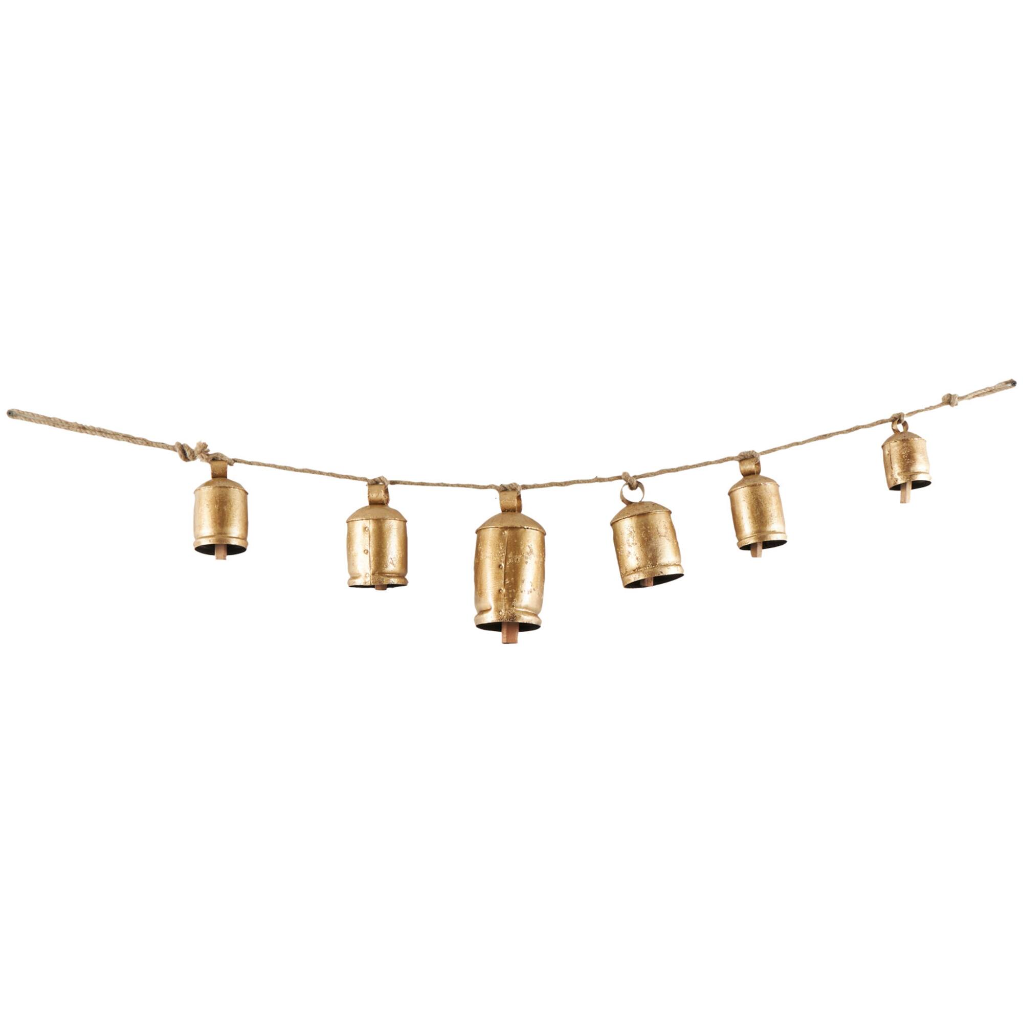 Gold Metal Tibetan Inspired String Hanging Decorative Cow Bells with Jute Hanging Rope